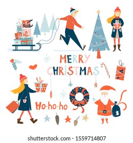 Cute Christmas set with santa, walking people with presents and sleigh, decorative lettering, stars, tree, mistletoe and other elements. Vector illustration for winter holidays cards and background