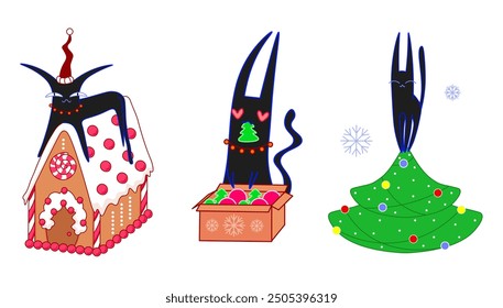 Cute Christmas set stickers with black cat. Tidy vector New Year set. Ideal for sticker, decoration, patches, animals print design, for fabric, wall art, social media post, interior design, packaging.