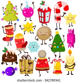 Cute christmas set .Christmas tree, snow flake, christmas pudding 
