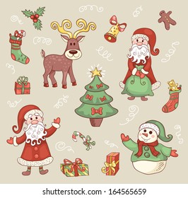 Cute Christmas set. Vector cartoon illustration.