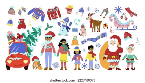 Cute Christmas set of vector Christmas elements for design and characters in a flat cartoon style isolated on a white background. African American Family, Santa Claus, snowman, elf, Deer, Dogs