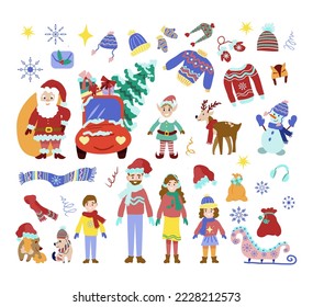 Cute Christmas set of vector Christmas elements for design and characters in a flat cartoon style isolated on a white background. Family, Santa Claus, snowman, elf, deer, dogs 