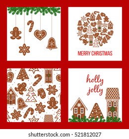 Cute Christmas set. Xmas theme in boarded squares with gingerbread man, house, star, and figures. Red background. Can be used as icons, wallpaper, wrapping paper, decoration banner, screens, textile
