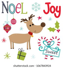 Cute Christmas sets with reindeer, noel text, joy,snow,star, baubles, gift, candy cane, holly leaf colorful design