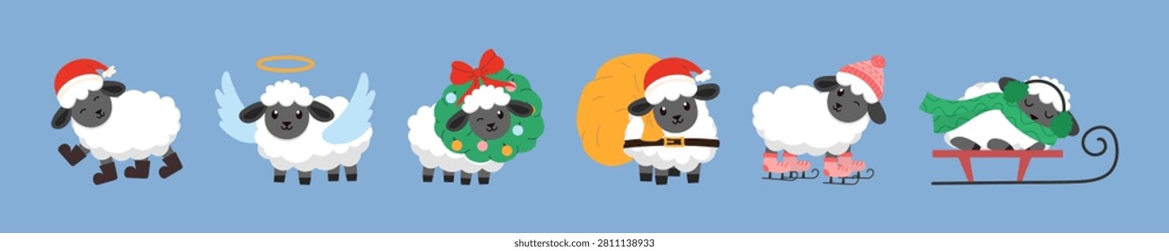 Cute Christmas sheep character collection with festive winter costumes, angel, Santa, wreath, sleigh and skating lamb 