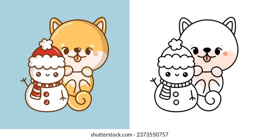 Cute Christmas Shiba Inu Dog Illustration and For Coloring Page. Cartoon Stickers New Year Doggy. Beautiful Vector Illustration of Kawaii Pet for Xmas Stickers. 