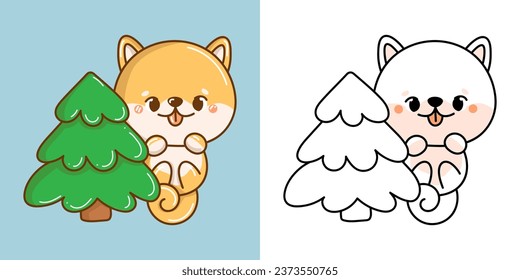 Cute Christmas Shiba Inu Dog Clipart Illustration and Black and White. Funny Clip Art Christmas Puppy. Cute Vector Illustration of a Kawaii Pet for Christmas Stickers. 