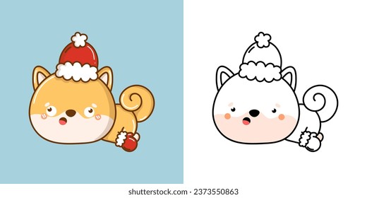 Cute Christmas Shiba Inu Dog Illustration and For Coloring Page. Cartoon Stickers New Year Doggy. Beautiful Vector Illustration of Kawaii Pet for Xmas Stickers. 