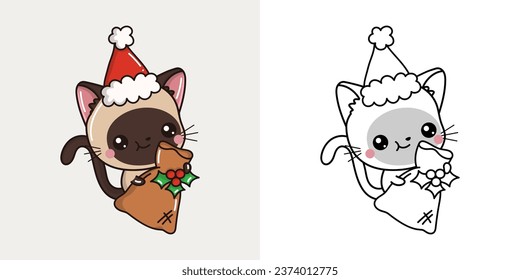 Cute Christmas Siamese Cat Clipart Illustration and Black and White. Funny Clip Art Christmas Mammal. Cute Vector Illustration of a Kawaii Pet for Christmas Stickers. 