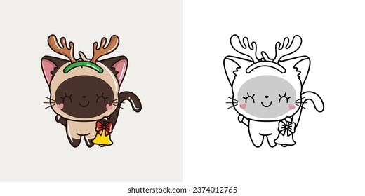 Cute Christmas Siamese Cat Illustration and For Coloring Page. Cartoon Stickers New Year Kitten. Beautiful Vector Illustration of Kawaii Pet for Xmas Stickers. 