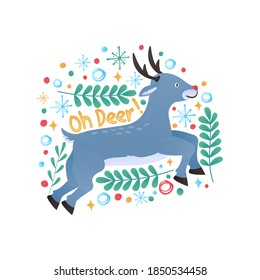 cute christmas sign and symbol with flat cute blue deer. christmas festive texture greetings card background. winter holiday background.