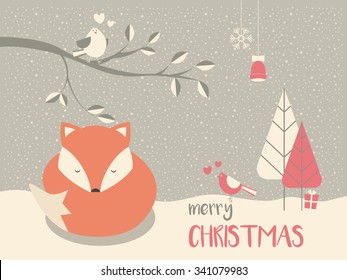 Cute Christmas sleepy baby fox surrounded with floral decoration, vector illustration