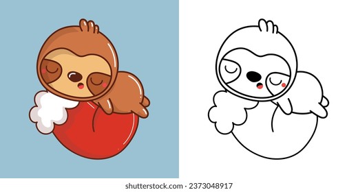 Cute Christmas Sloth Clipart Illustration and Black and White. Funny Clip Art Christmas Forest Animal. Cute Vector Illustration of a Kawaii Animal for Christmas Stickers. 