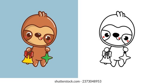 Cute Christmas Sloth Clipart Illustration and Black and White. Funny Clip Art Christmas Forest Animal. Cute Vector Illustration of a Kawaii Animal for Christmas Stickers. 