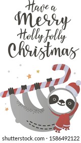Cute christmas sloth with a hot coffee. Vector illustration with winter time lettering
