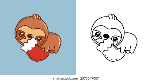 Cute Christmas Sloth Illustration and For Coloring Page. Cartoon Stickers New Year Jungle Animal. Beautiful Vector Illustration of Kawaii Animal for Xmas Stickers. 