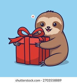 Cute Christmas Sloth Vector Illustration Hugging Gift Box with Heart on Blue Background