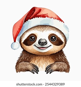 Cute Christmas Sloth wearing a Santa Hat drawing by hand. Vector illustration isolated on white background