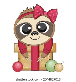 Cute christmas sloth. Winter holidays. Vector illustration.