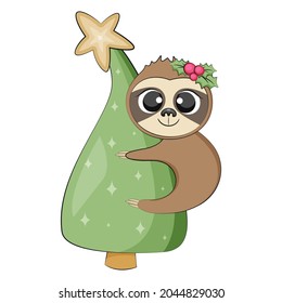 Cute christmas sloth. Winter holidays. Vector illustration.
