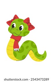 Cute Christmas snake with bows New Year s scarf. Green snake. Chinese horoscope sign for 2025. White background.