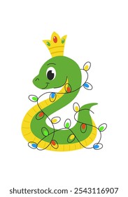 Cute Christmas snake with a crown, entwined with a New Year's garland. Green snake. Chinese horoscope sign for 2025. Isolated on a white background