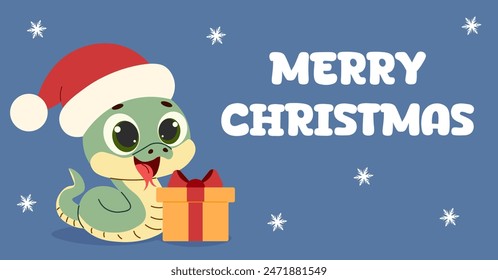 Cute Christmas snake with gift and Santa hat on background with snowflakes. Merry Christmas. Vector