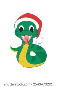 Cute Christmas snake in a New Year hat shows its tongue. Green snake. Chinese horoscope sign for 2025. White background.