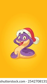 Linda serpiente de Navidades en el sombrero rojo de Santa. Сpersonaje de dibujos animados para la mascota del Año Nuevo. Vector de dibujo. Felices Navidades y Feliz Año Nuevo. Animal horóscopo chino.