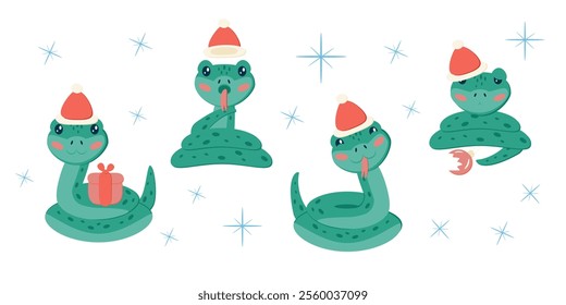 Cute Christmas snakes with Santa hats and festive decorations in flat style. Vector hand drawn set isolated on white background. Perfect for sticker and decoration