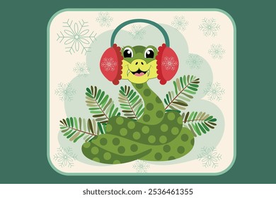 Cute Christmas snakewith bunch of fir. Funny postcard. Vector