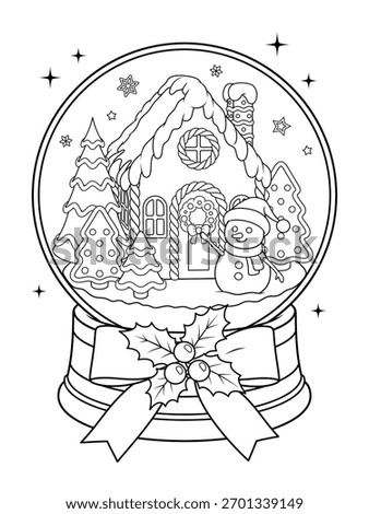 A cute Christmas snow globe with a ginger bread house and a snowman. Vector black and white illustration for a coloring book page.