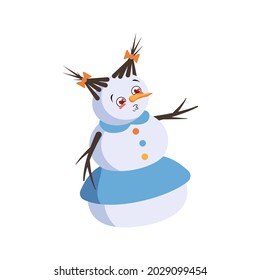 Cute Christmas snow woman falls in love with eyes hearts, kiss face, arms and legs. Joyful New Year festive decoration with kind expression, funny or smile emotions
