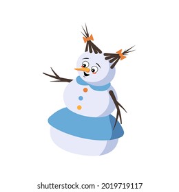 Cute Christmas snow woman with joyful emotions, smile face, happy eyes, arms and legs. Joyful New Year festive decoration with kind expression