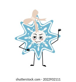 Cute Christmas snowflake with emotions of a hero, a brave face, arms and legs. Joyful New Year festive decoration with with courage expression