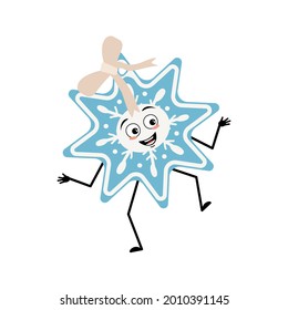 Cute Christmas snowflake with happy emotions, dancing, smile, hands and feet. Joyful New Year festive decoration with eyes