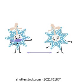 Cute Christmas snowflake with sad emotions, face and mask keep distance, arms and legs. Joyful New Year festive decoration with eyes