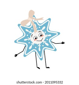 Cute Christmas snowflake with smile emotions, happy face, arms and legs. Joyful New Year festive decoration with eyes