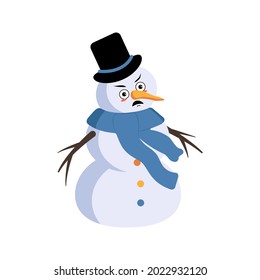 Cute Christmas snowman with angry emotions, grumpy face, arms and legs. Joyful New Year festive decoration with furious expression