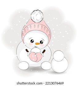 Cute Christmas snowman builds another snowman vector illustration