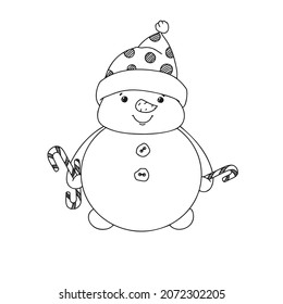 Cute Christmas snowman with Christmas candies in doodle style. Vector illustration. Christmas, new year character.