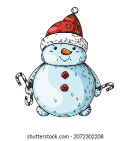Cute Christmas snowman with Christmas candies in doodle style. Vector illustration. Christmas, new year character.