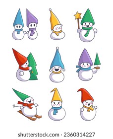 Cute Christmas snowman. Cheerful character in different scarves and hats. Vector drawing. Collection of design elements.