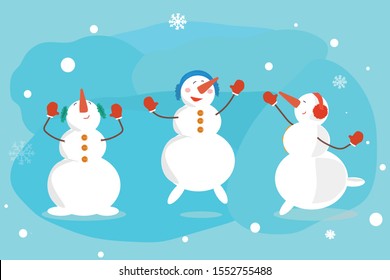 Cute christmas snowman dancing and jumping outside