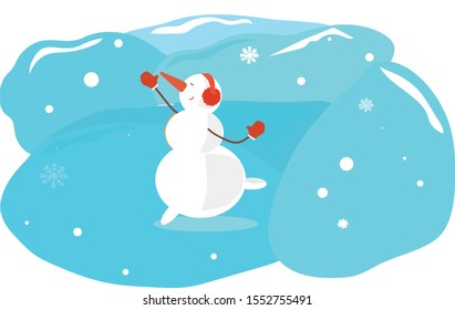 Cute christmas snowman dancing and jumping outside