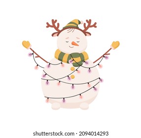 Cute Christmas snowman decorated with Xmas garland. Happy snow man in cap, scarf and reindeer headband. Kids winter character with carrot nose. Flat vector illustration isolated on white background