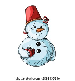 Cute Christmas snowman in doodle style. Vector illustration. Christmas, new year character.