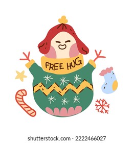 cute christmas snowman flat illustration for children and product decoration isolated cliparts. A funny snowman wearing a snowy sweater ,candy, snowflakes, stars and cute socks