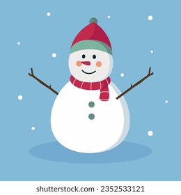 Cute Christmas Schneemann flach Vektorgrafik. Schneemann-Charakter mit Hut und Schal auf blauem Hintergrund. Symbol der Weihnachtszeit und des glücklichen neuen Jahres