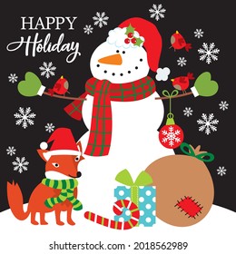 Cute christmas snowman and fox for christmas card, gif bag or box design